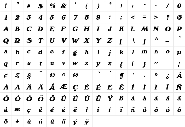 Jaures Oblique  glyph index