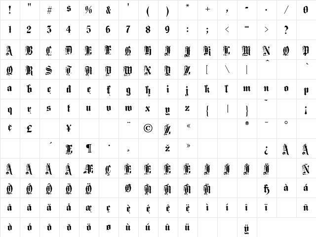 Middlesex Regular  glyph index