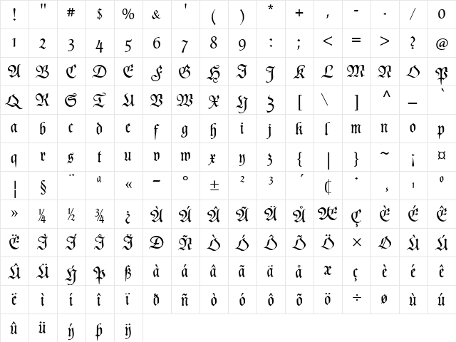 Poppl Fraktur CAT Regular  glyph index