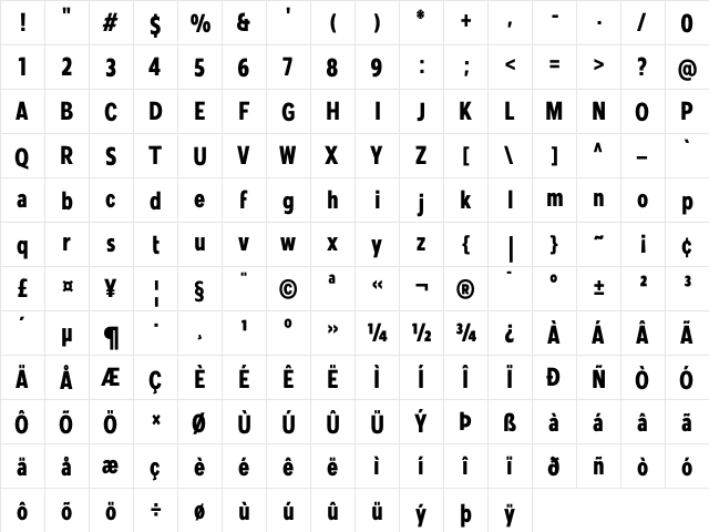 Mollen Personal Use Cond Bold  glyph index