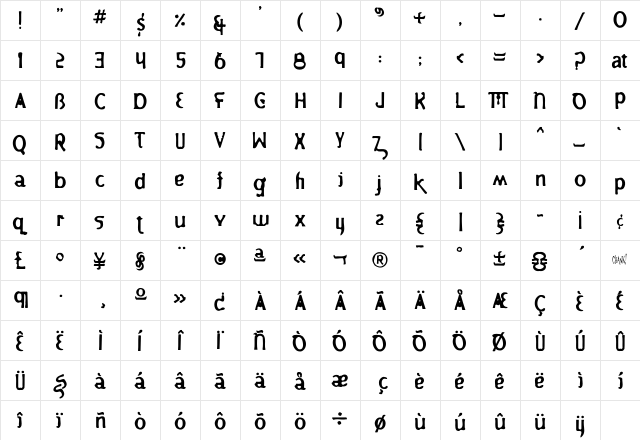 Dutch Regular  glyph index