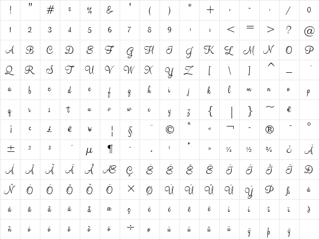 Monterey BT Regular  glyph index