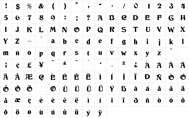 Deneane Regular  glyph index