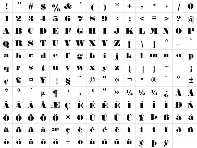 Falstaff MT Std Regular  glyph index
