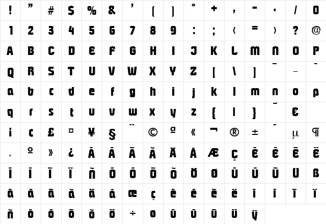 Pasadena-Bold Regular  glyph index