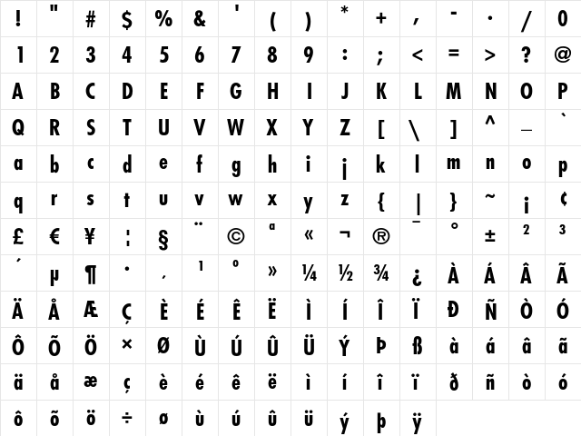 Futura LT Condensed Bold  glyph index