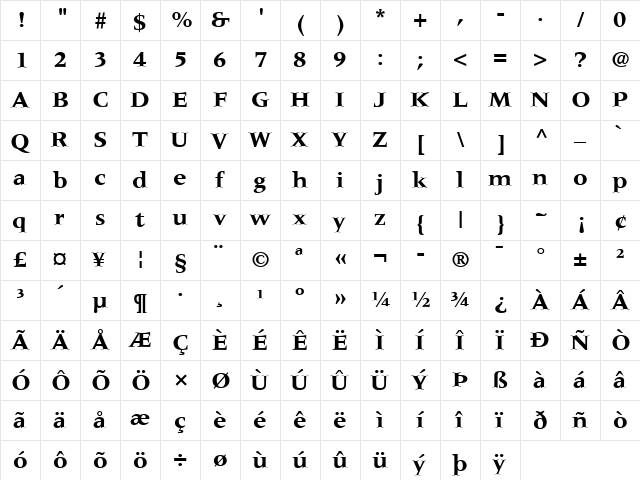 Meridien LT Roman Bold  glyph index