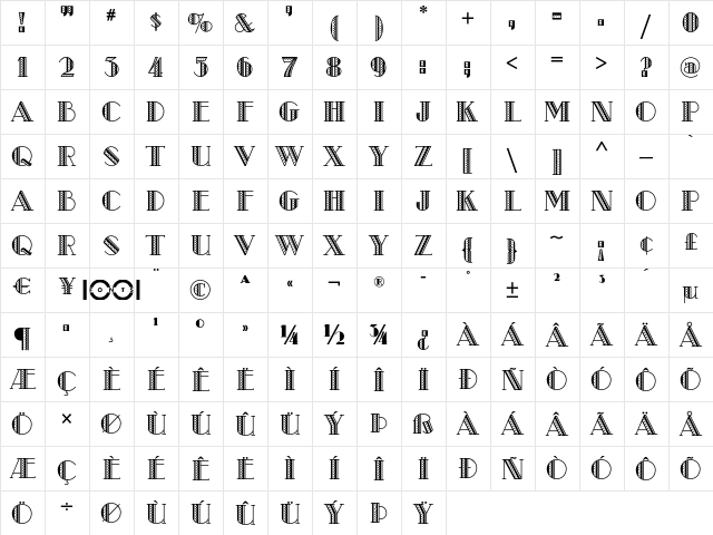 Metro Retro NF Regular  glyph index