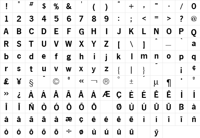 News Gothic Bold  glyph index