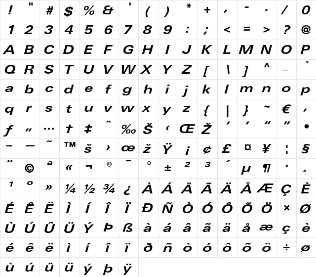 LTUnivers 641 ExtdBoldIt  glyph index