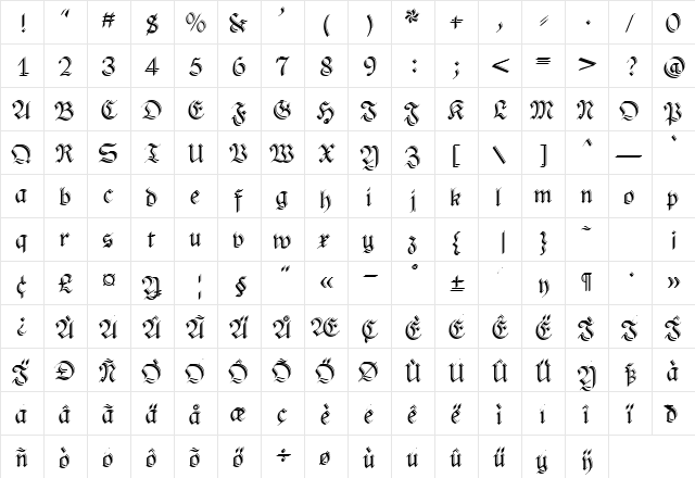 PhederFrackShadowed Regular  glyph index