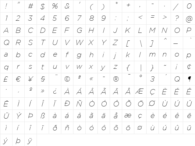 Gotham ExtraLight Italic  glyph index