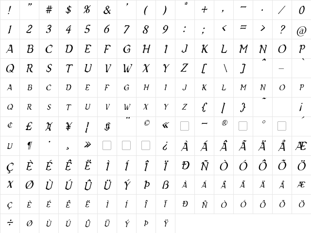 Vecna Italic  glyph index