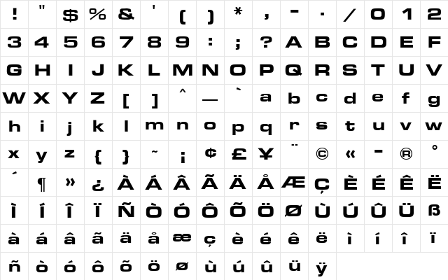 Eurostile MN Bold  glyph index