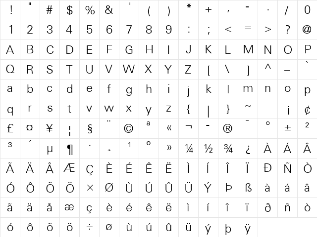Univers 45 Light Regular  glyph index