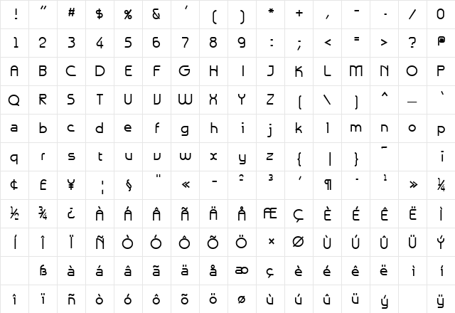 Galexica Bold  glyph index