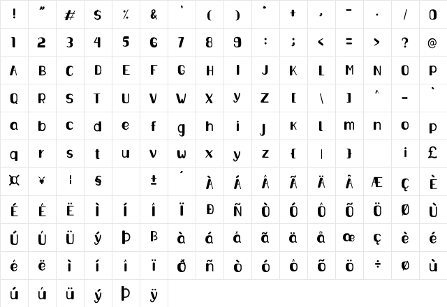 Bornywale Regular  glyph index
