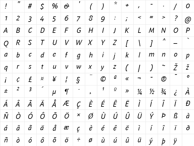 Textra LT Book Italic  glyph index