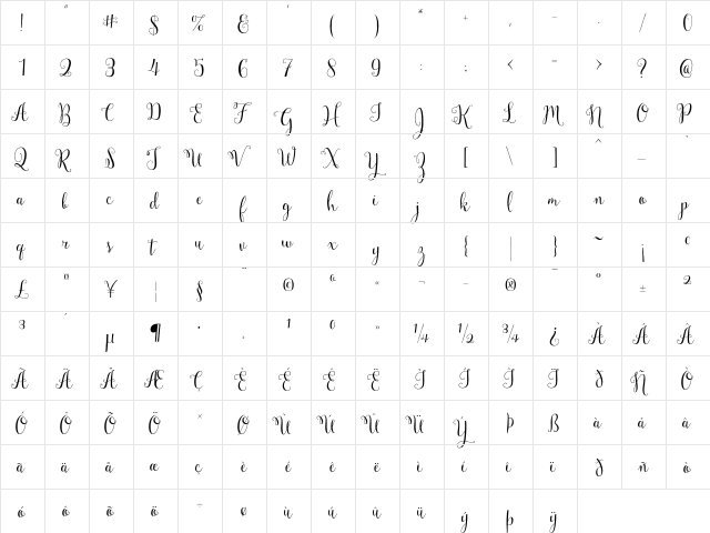 Mulberry Script Regular  glyph index