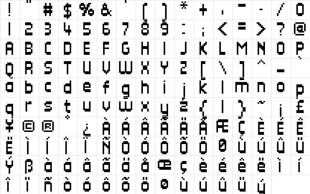 FFF Direct Regular  glyph index