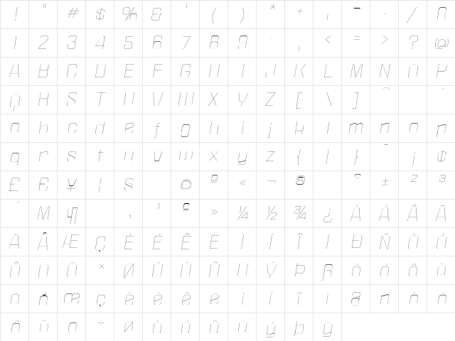 Politica XT Thin Italic  glyph index