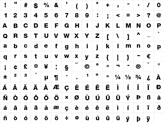 Helvetica Neue LT Pro 85 Heavy  glyph index