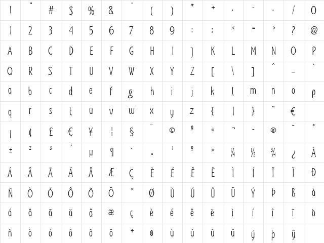 Artane Elongated BT Regular  glyph index