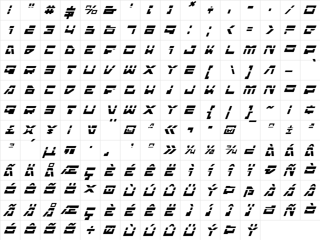 Trajia Laser Italic Laser Italic  glyph index