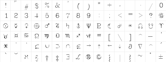 Syastro Regular  glyph index