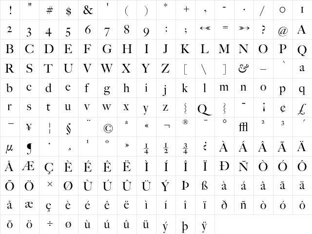 BigCaslon Regular  glyph index