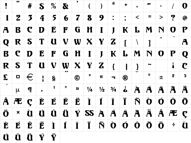 Volute Regular  glyph index