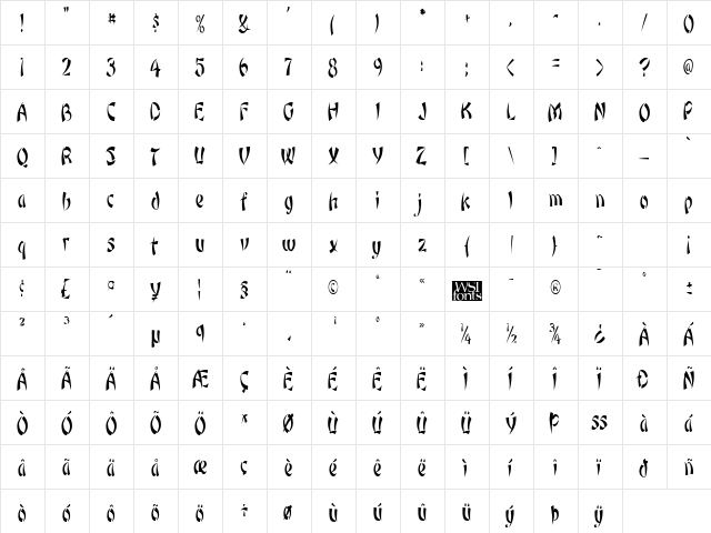 OrientNarrow Regular  glyph index