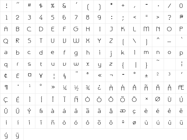 Galexica Plain  glyph index