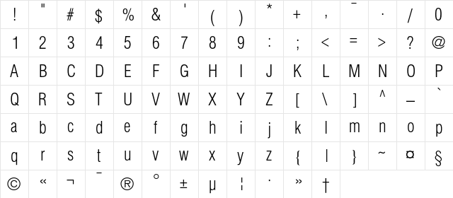 AGLettericaLightCondensedC Regular  glyph index