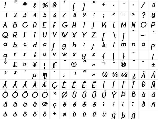 LRT Oksana Bold Italic  glyph index