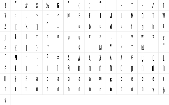 AgencyFB Regular Cond Regular  glyph index