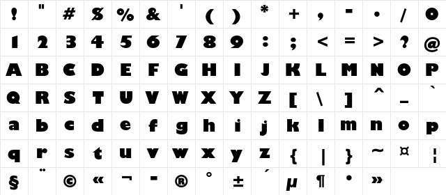 Humanist521C UltraBold BT Regular  glyph index