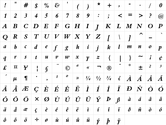 Aldine 401 Bold Italic  glyph index