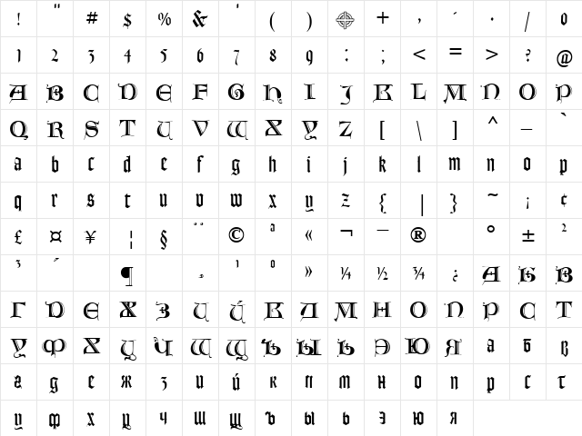 Tzimizce Cyr Regular  glyph index