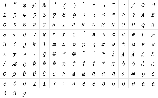 Typewriter ExtraBoldOblique  glyph index