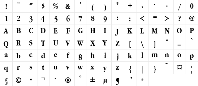 GaramondNarrowC Bold  glyph index