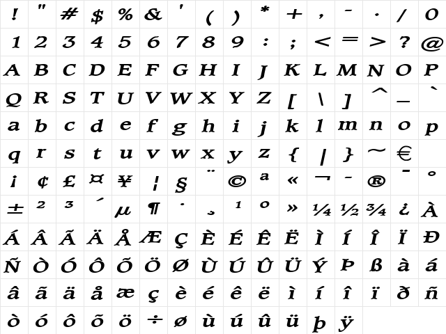 ClaytonExtended BoldItalic  glyph index