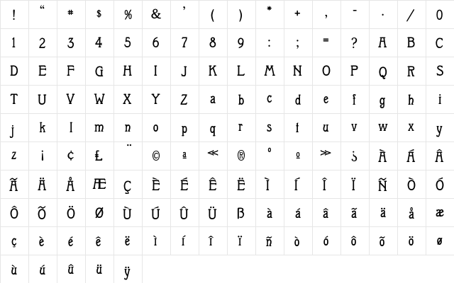Medina Regular  glyph index