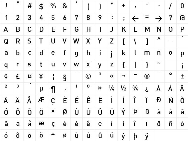 DIN Medium Regular  glyph index