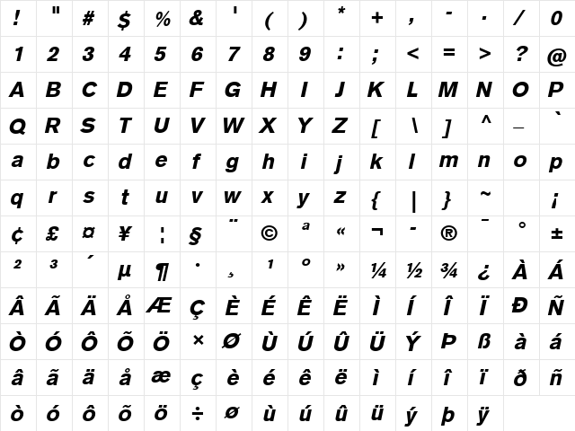 Basic Commercial LT Com Black Italic  glyph index