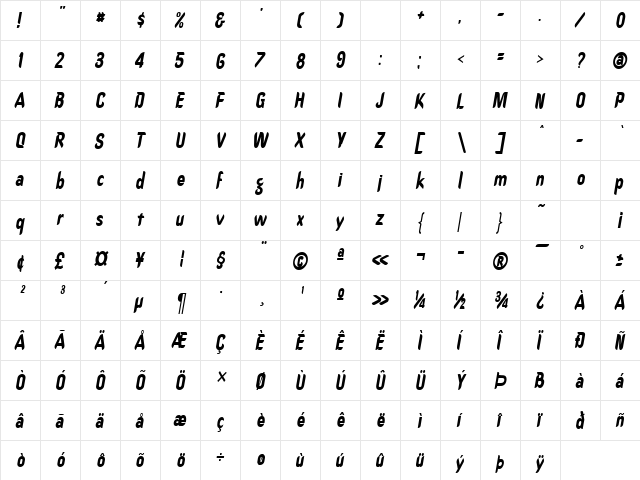 CallimarkerCondensed Italic  glyph index