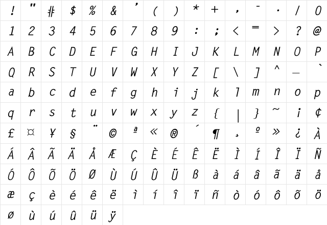 LetterGothic-BoldItalic Regular  glyph index