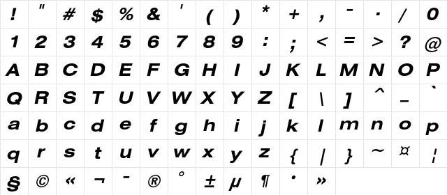 HeliosExt Bold Italic  glyph index