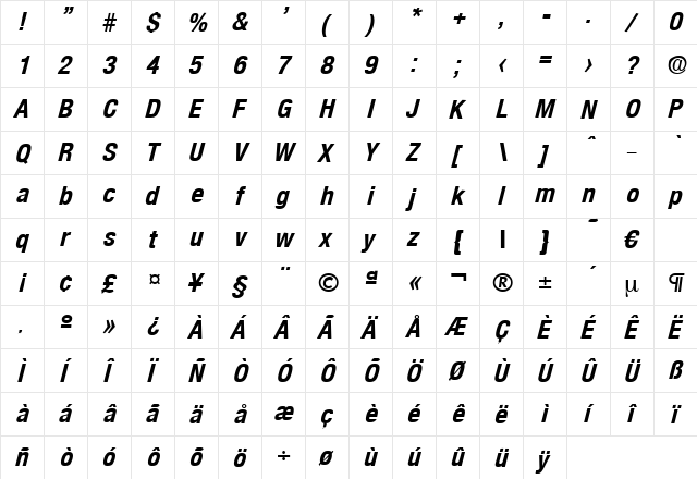 Olnova-BoldCondIta Regular  glyph index