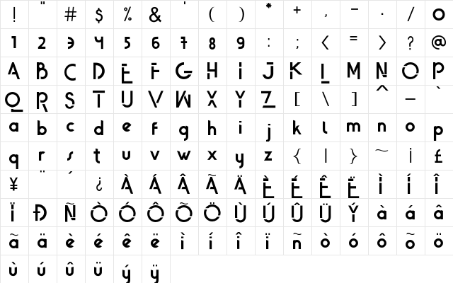 Quiqt Regular  glyph index